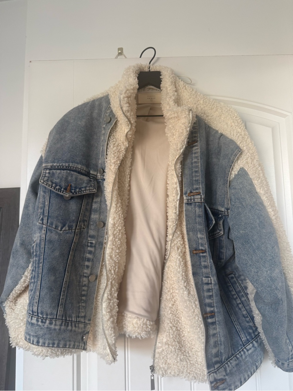 Blank NYC Light Blue Denim Sherpa Jacket with Cream Lining